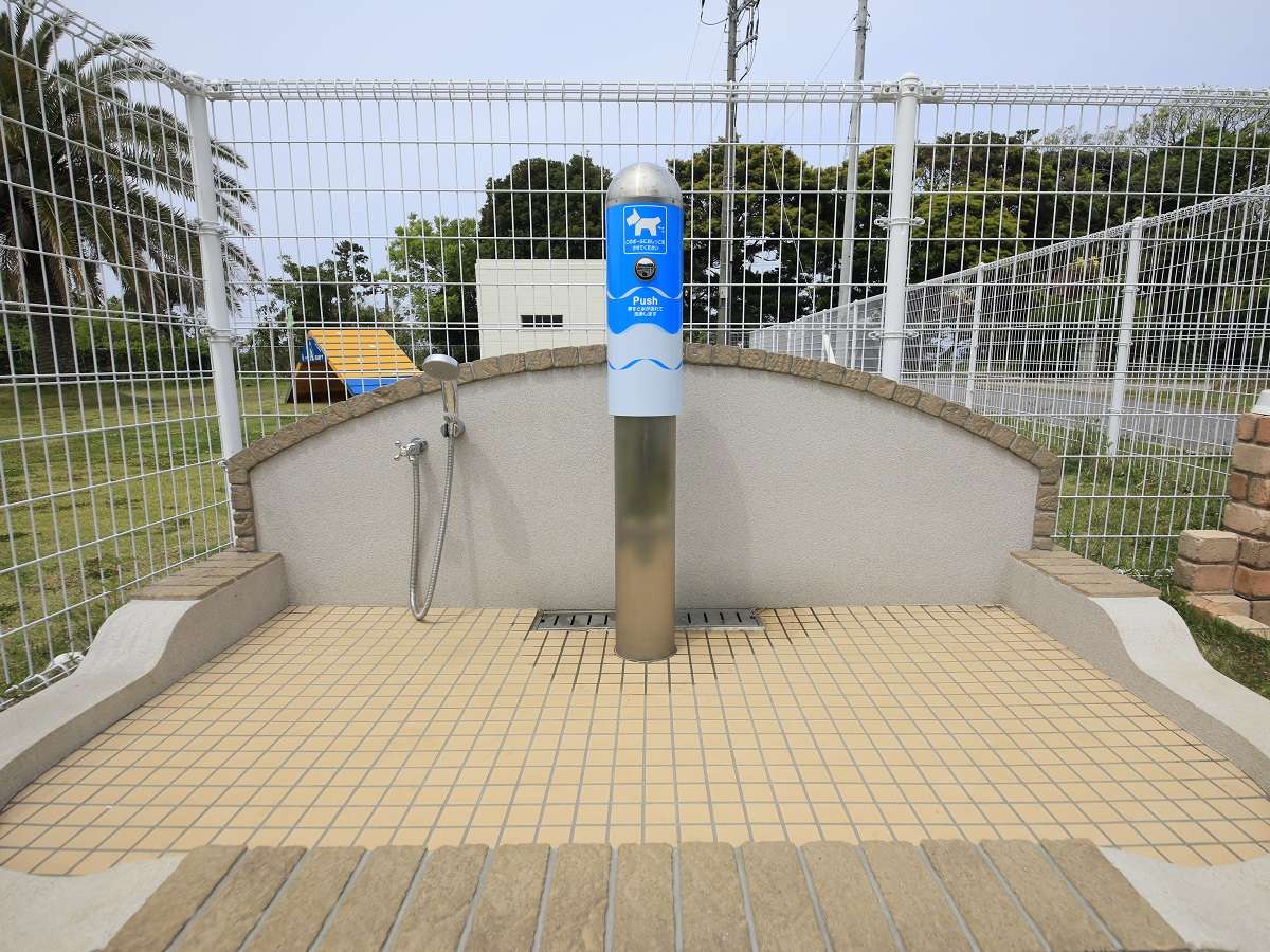【足洗い場】これは便利！わんちゃんの足洗い場の電柱代わりのポールには洗浄ボタンが付いています。